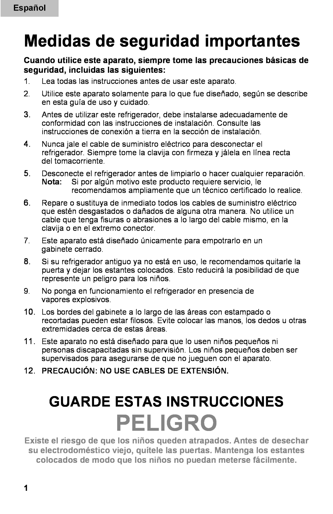 Haier DD400RS manual Peligro, Medidas de seguridad importantes, Guarde Estas Instrucciones, Español 
