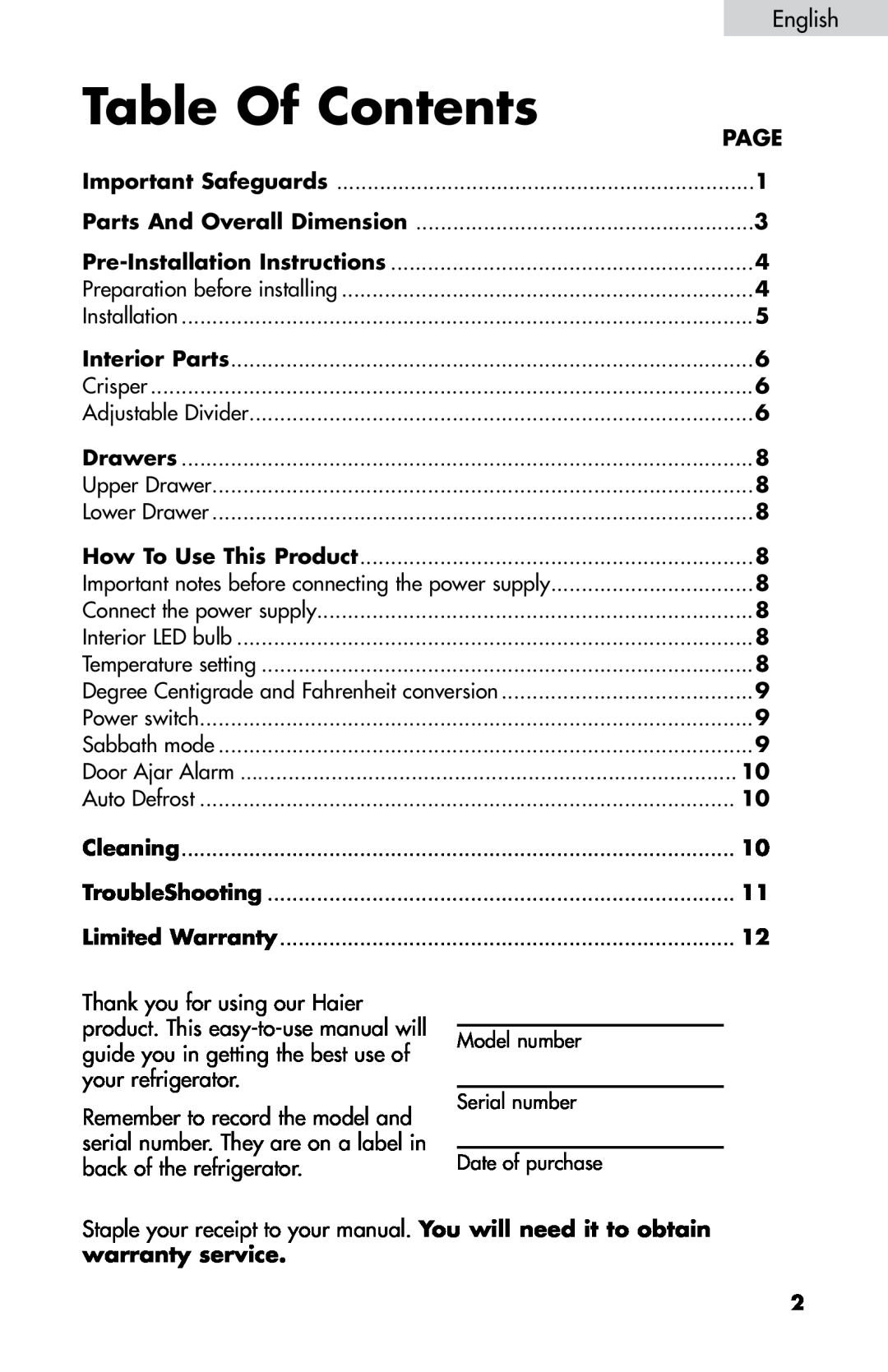 Haier DD400RS manual Table Of Contents, English, Page 