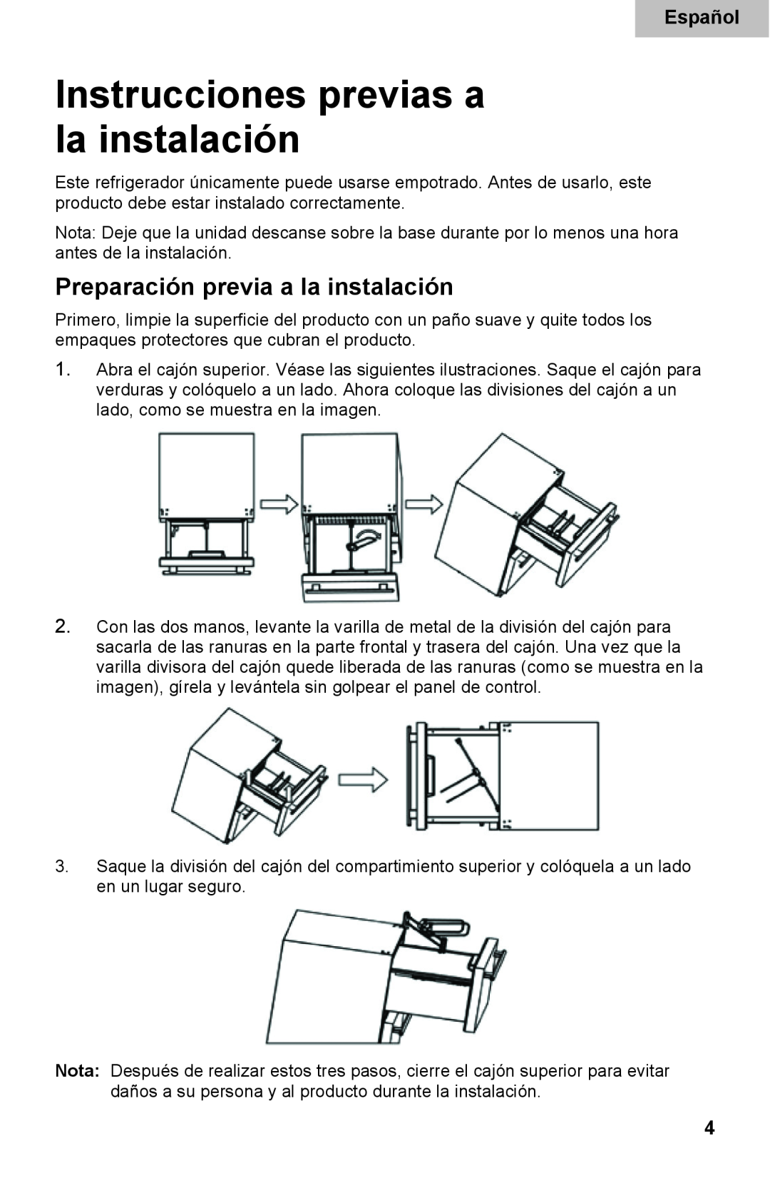 Haier DD400RS manual Instrucciones previas a la instalación, Preparación previa a la instalación, Español 