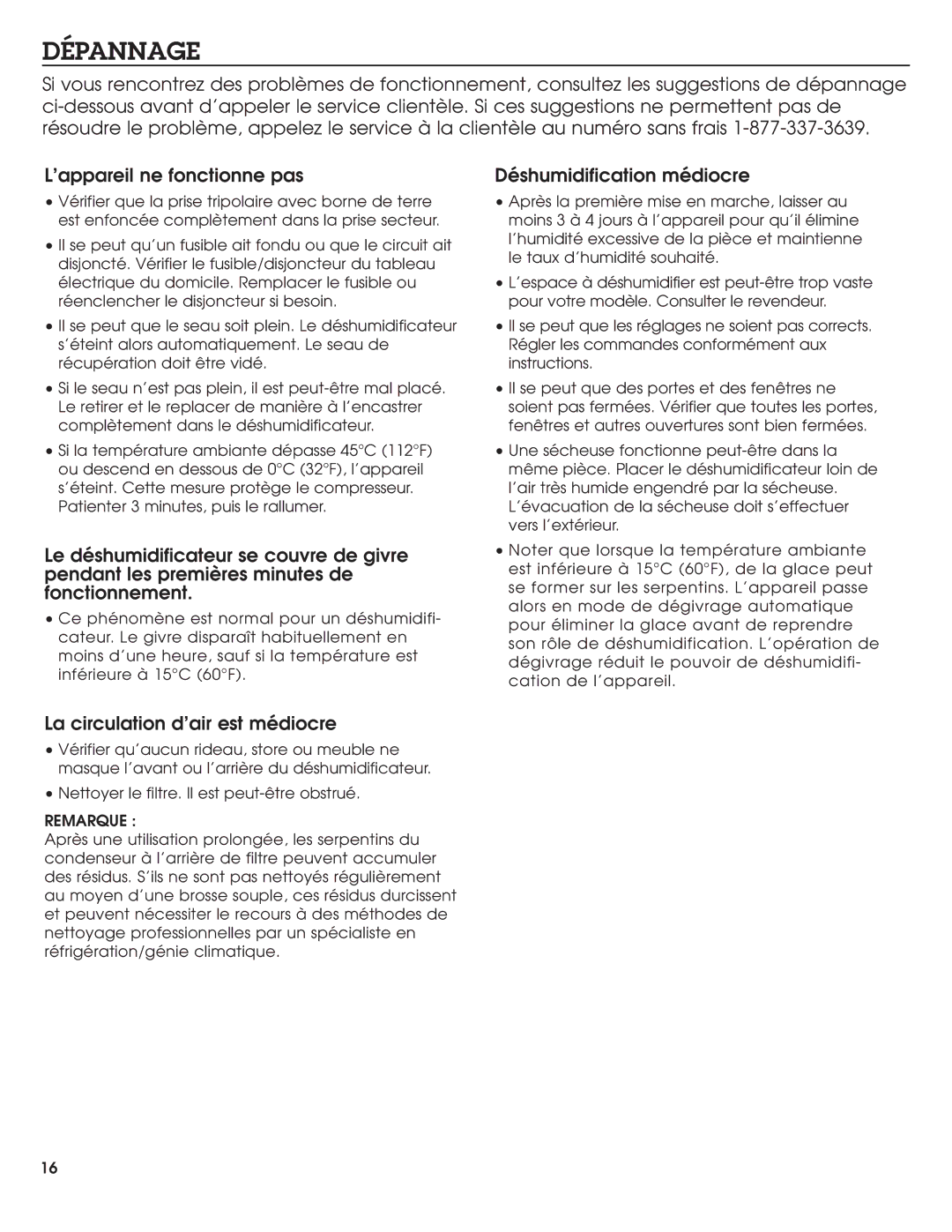 Haier DE45EJ-L, DE65EJ-L, DE45EJ-T manual Dépannage, Déshumidification médiocre, La circulation d’air est médiocre 