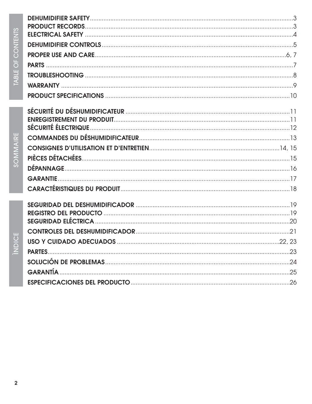 Haier DE45EJ-L, DE65EJ-L, DE45EJ-T manual Table of Contents Sommaire Ìndice 