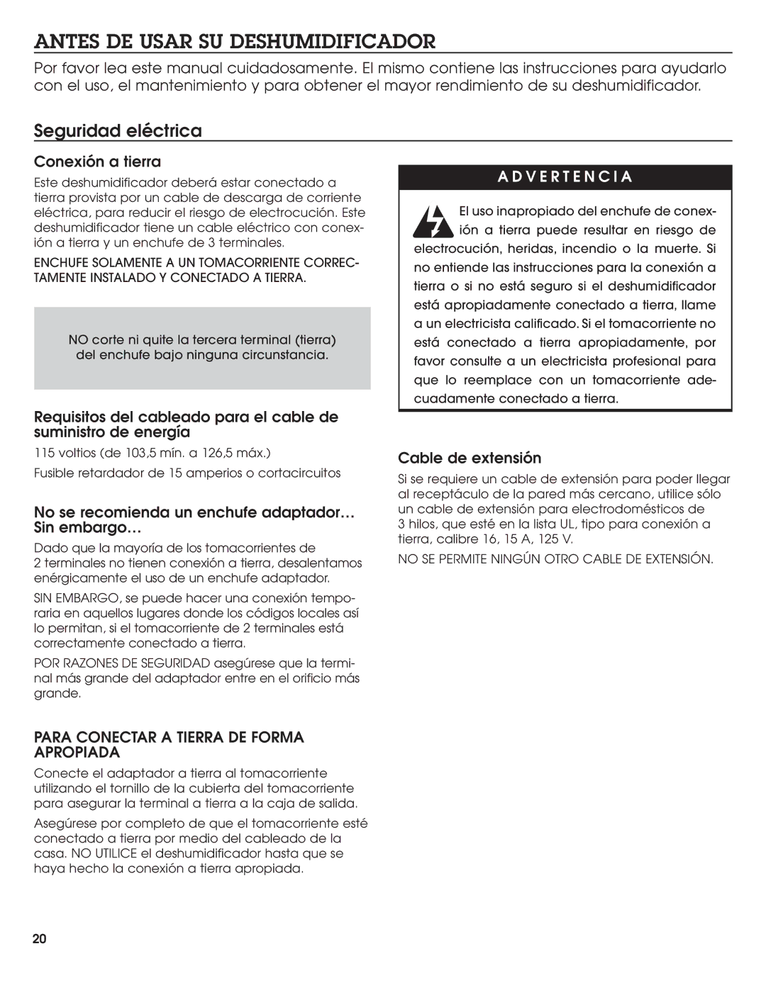 Haier DE45EJ, DE65EJ Antes DE Usar SU Deshumidificador, Seguridad eléctrica, Para Conectar a Tierra DE Forma Apropiada 