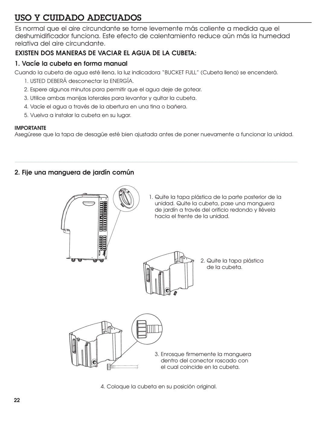 Haier DE45EJ-L, DE65EJ-L, DE45EJ-T manual USO Y Cuidado Adecuados, Existen DOS Maneras DE Vaciar EL Agua DE LA Cubeta 