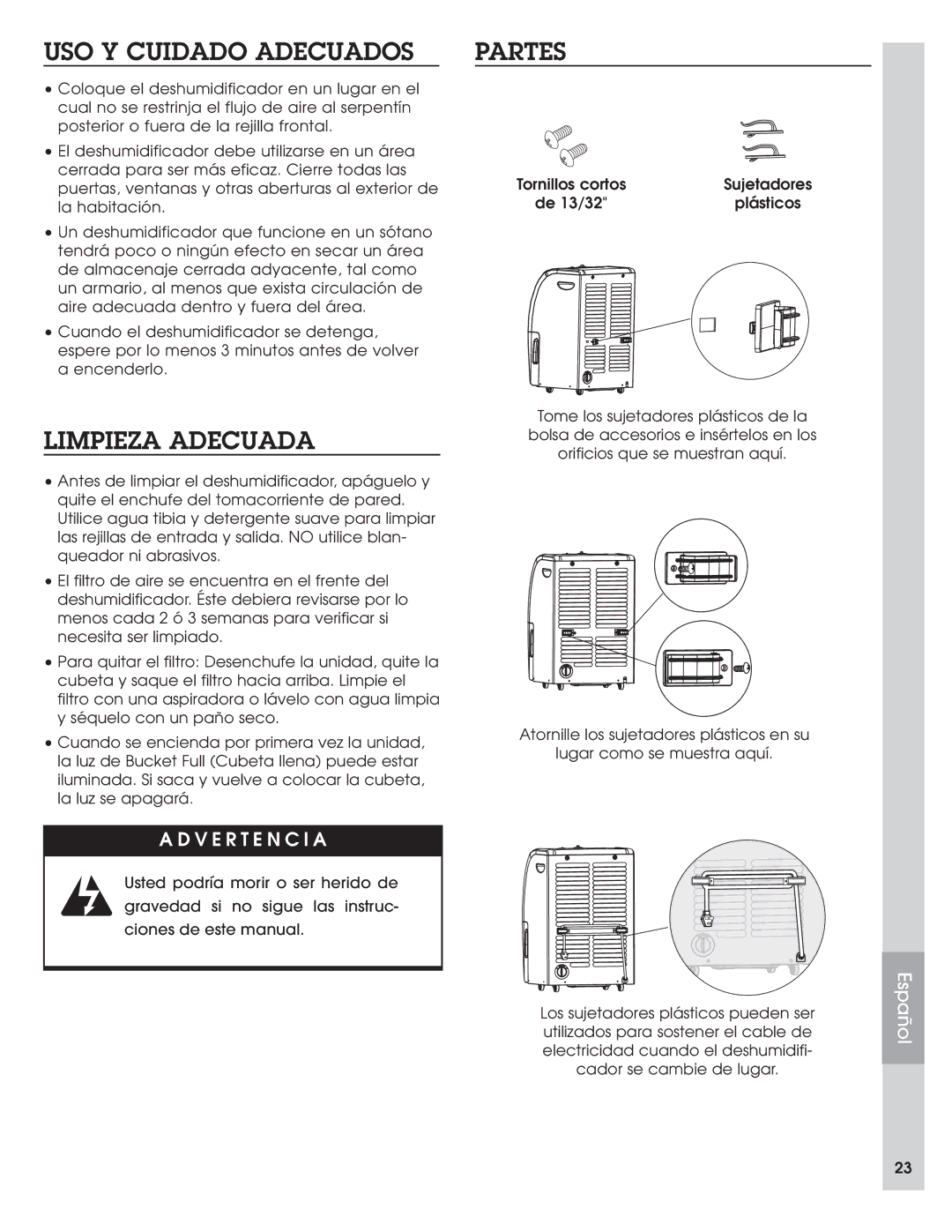 Haier DE65EJ-L, DE45EJ-L, DE45EJ-T manual Limpieza Adecuada, Partes 