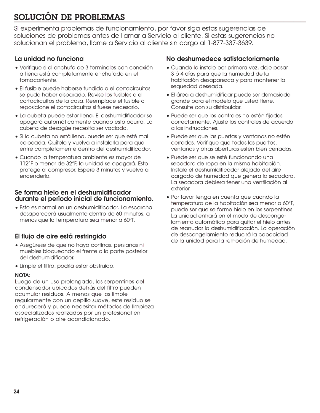 Haier DE45EJ-T, DE65EJ manual Solución DE Problemas, El flujo de aire está restringido, No deshumedece satisfactoriamente 