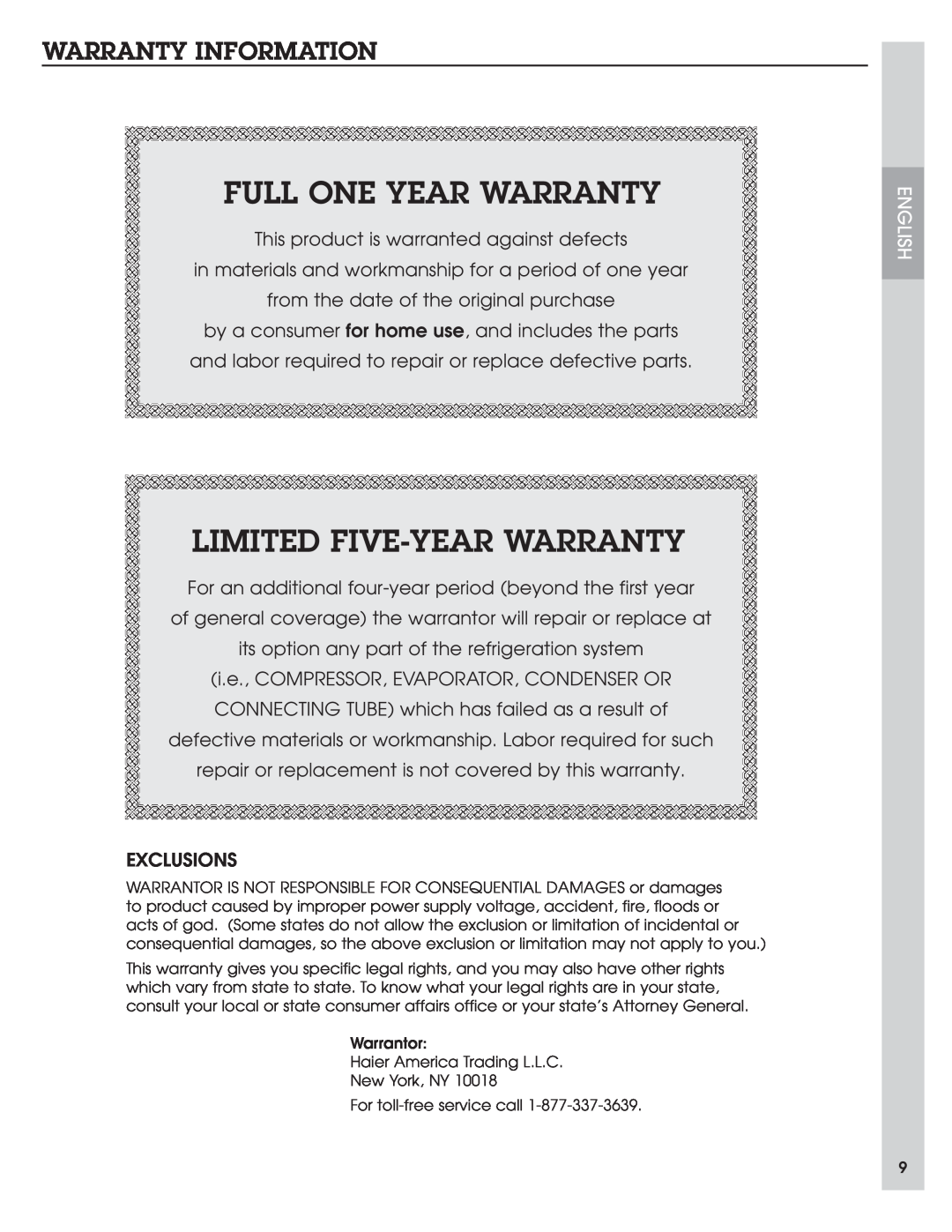 Haier DE45EJ-T, DE45EJ-L, DE65EJ-L manual Full One Year Warranty, Limited Five-Yearwarranty, Warranty Information, English 
