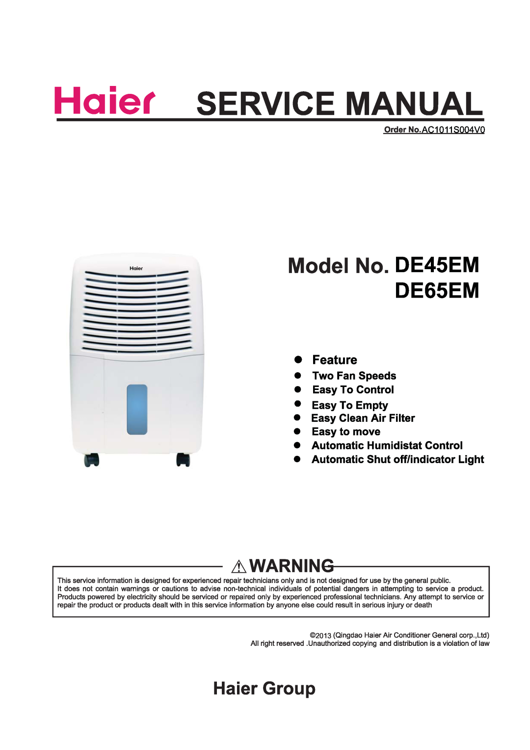 Haier manual DE45EM DE65EM, AC1011S004V0, 2013 