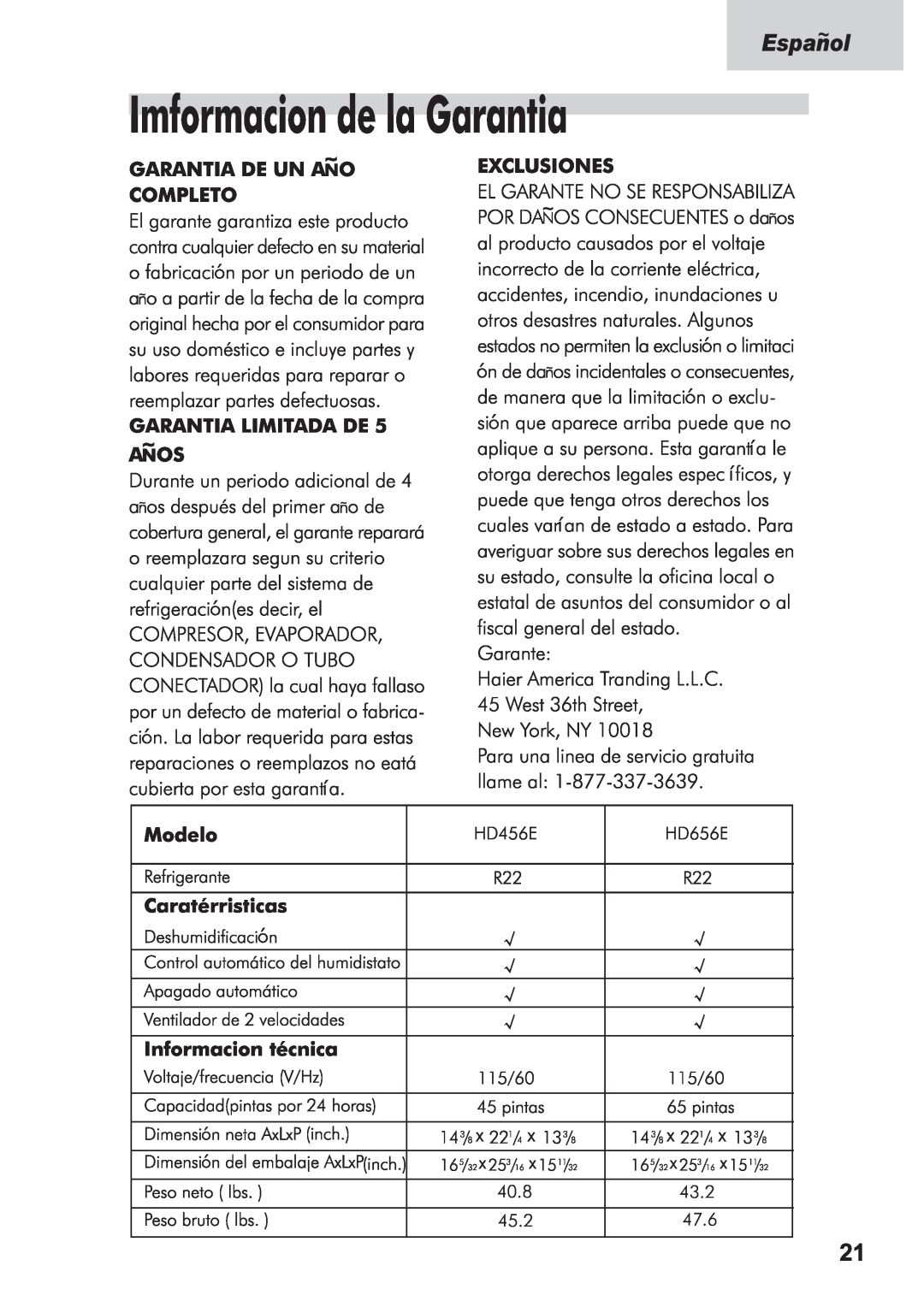 Haier Dehumidifier manual 40.8, 43.2, 45.2, 47.6 