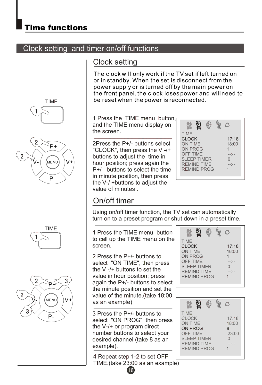 Haier DTA-1486 owner manual Clock setting and timer on/off functions, On/off timer 