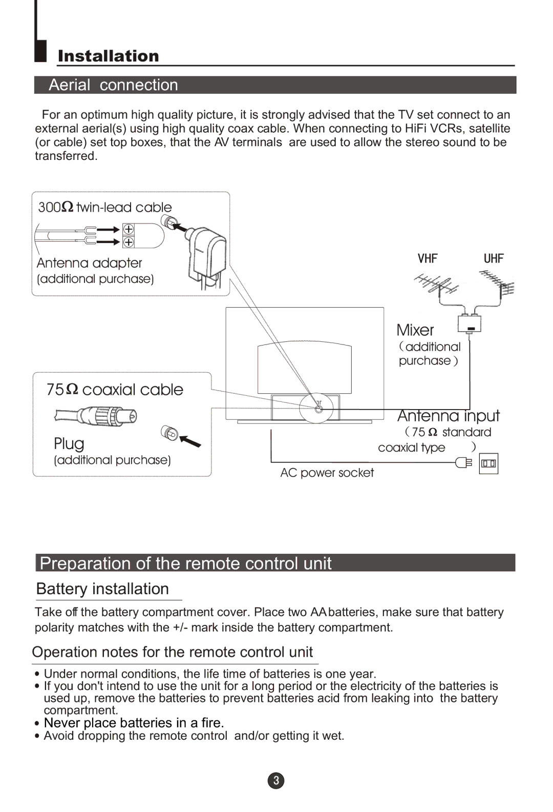 Haier DTA-1486 owner manual Installation, Aerial connection 