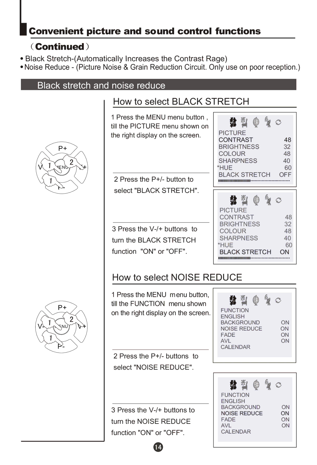 Haier DTA-2198PF owner manual Black stretch and noise reduce, How to select Black Stretch, How to select Noise Reduce 