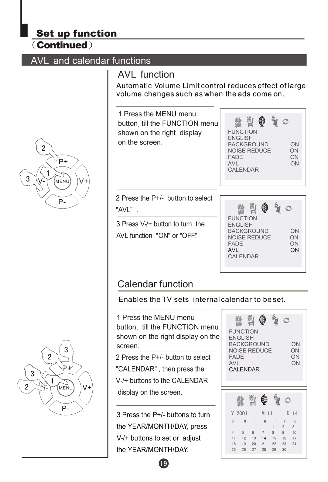 Haier DTA-2198PF owner manual AVL and calendar functions, AVL function, Calendar function 