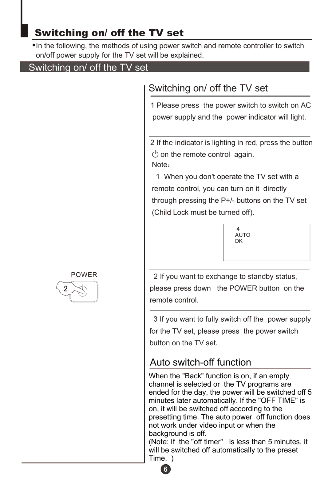 Haier DTA-2198PF owner manual Switching on/ off the TV set 