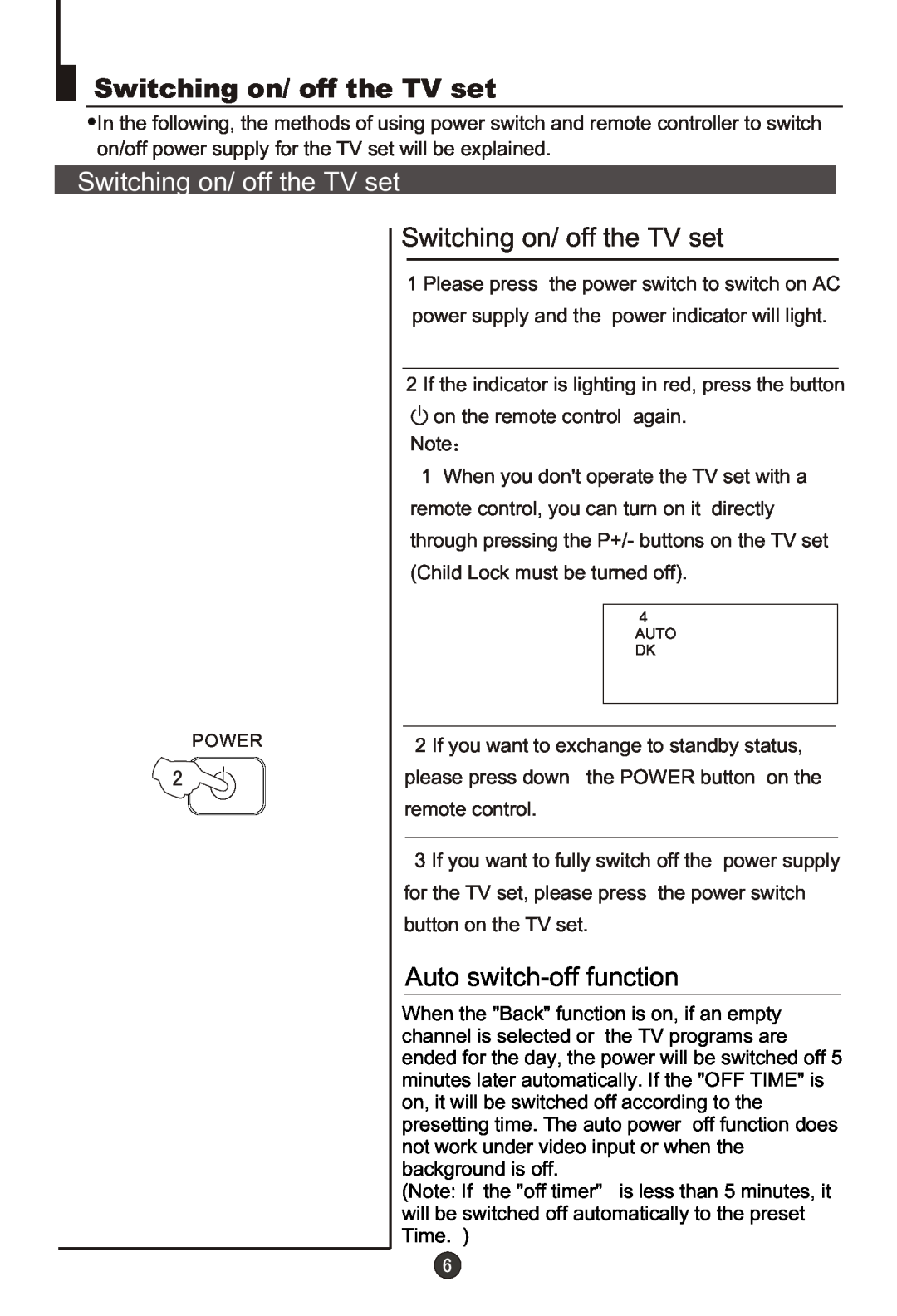 Haier DTA-2198PF owner manual Switching on/ off the TV set, Auto switch-off function 