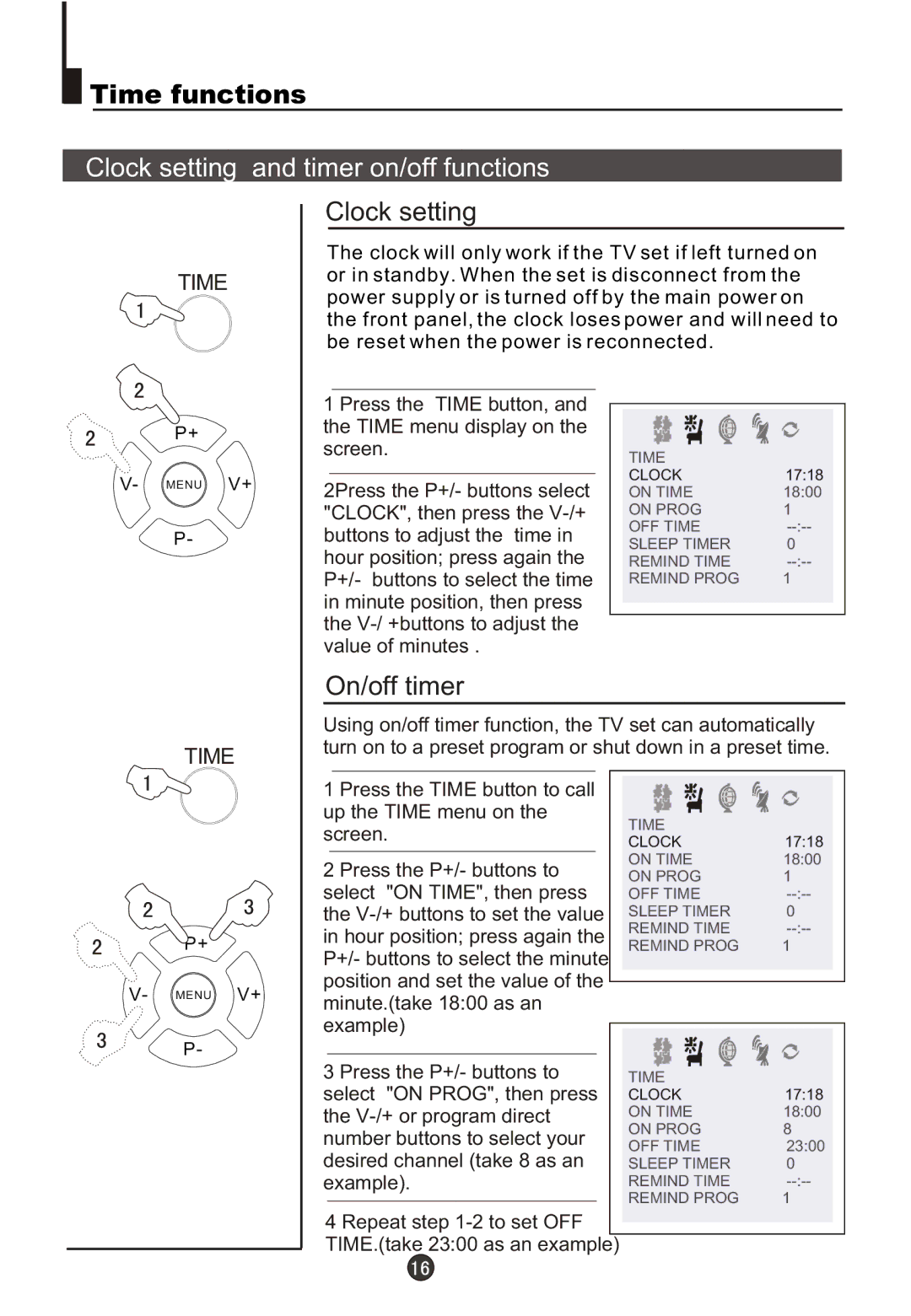 Haier DTA21F98 owner manual Clock setting and timer on/off functions, On/off timer 