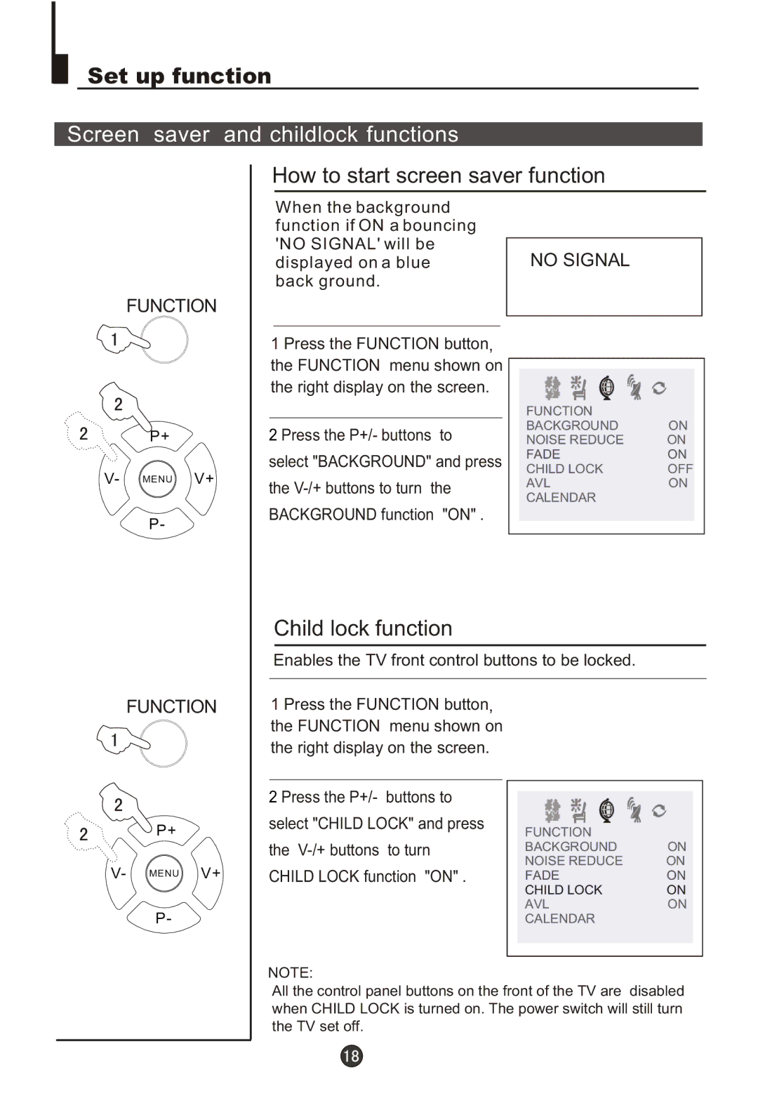 Haier DTA21F98 Set up function, Screen saver Childlock functions, How to start screen saver function, Child lock function 