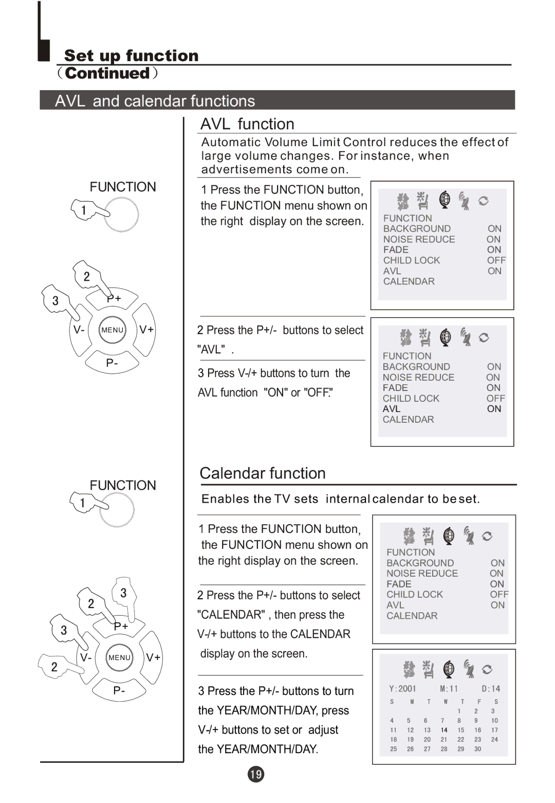 Haier DTA21F98 owner manual AVL and calendar functions, AVL function, Calendar function 