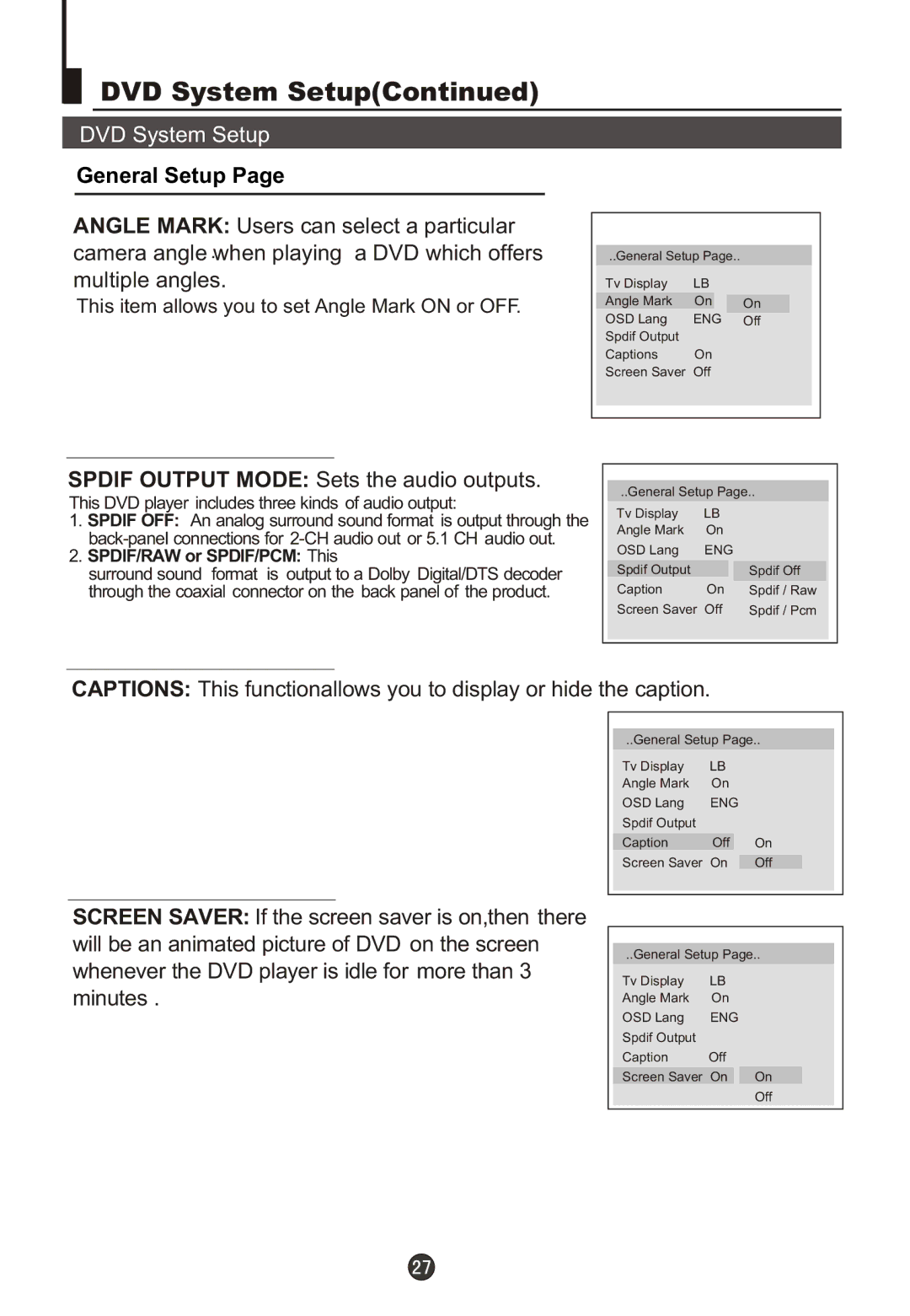 Haier DTA21F98 owner manual General Setup, This item allows you to set Angle Mark on or OFF 