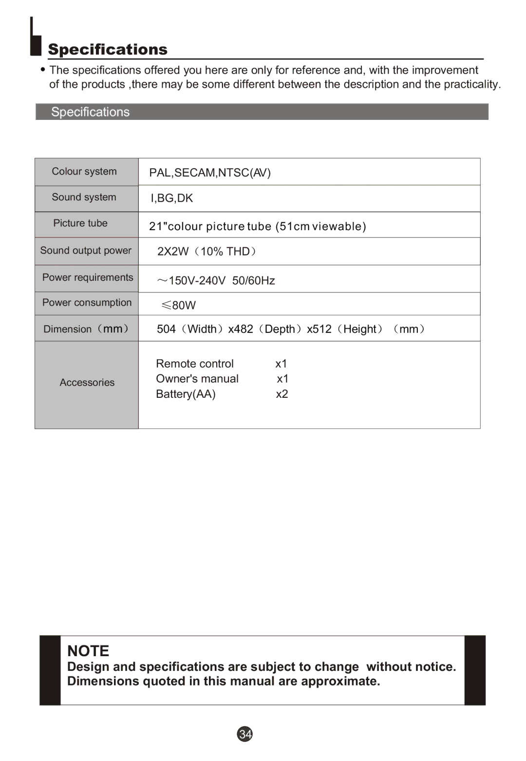 Haier DTA21F98 owner manual Specifications 