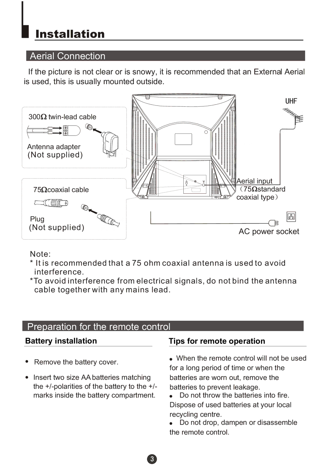 Haier DTA21F98 owner manual Aerial Connection, Preparation for the remote control 