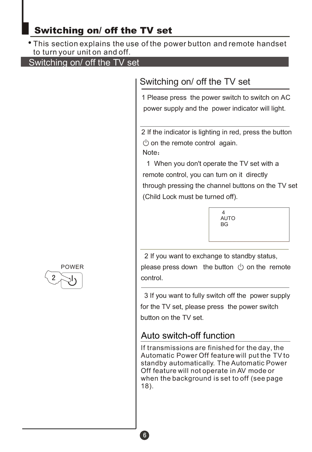 Haier DTA21F98 owner manual Switching on/ off the TV set 