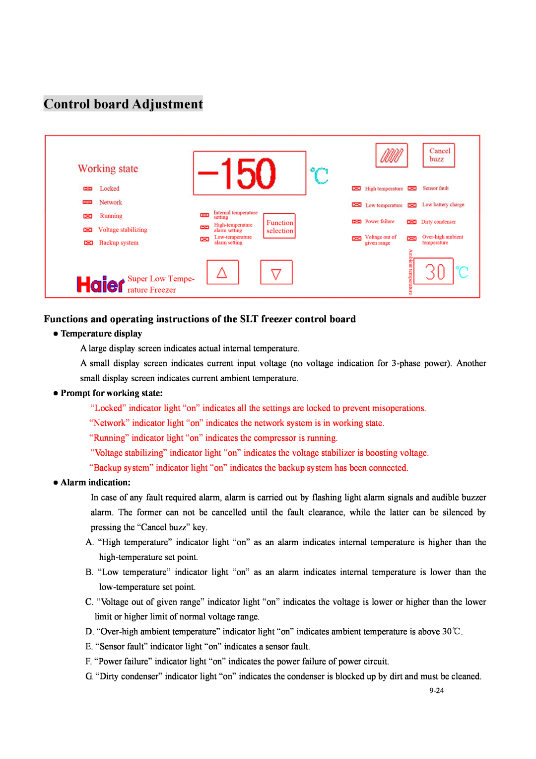 Haier DW-150W200 operation manual Control board Adjustment, Temperature display, Prompt for working state, Alarm indication 