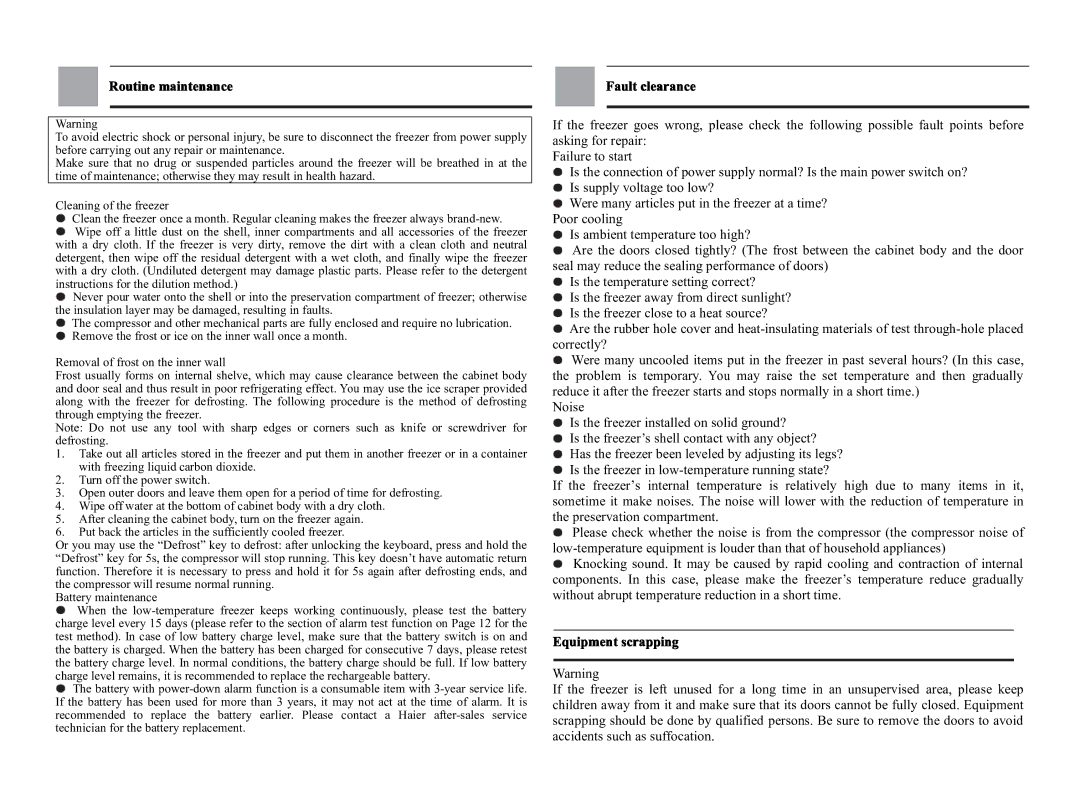 Haier DW-40L508 operating instructions Routine maintenance, Equipment scrapping, Fault clearance 