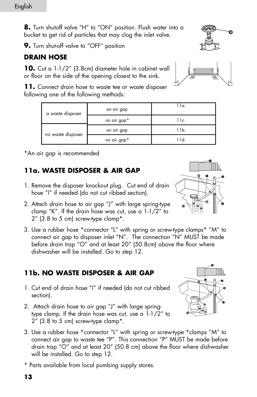 Haier DW-7777-01 manual Drain hose, 11a. Waste disposer & air gap, 11b. No waste disposer & air gap 