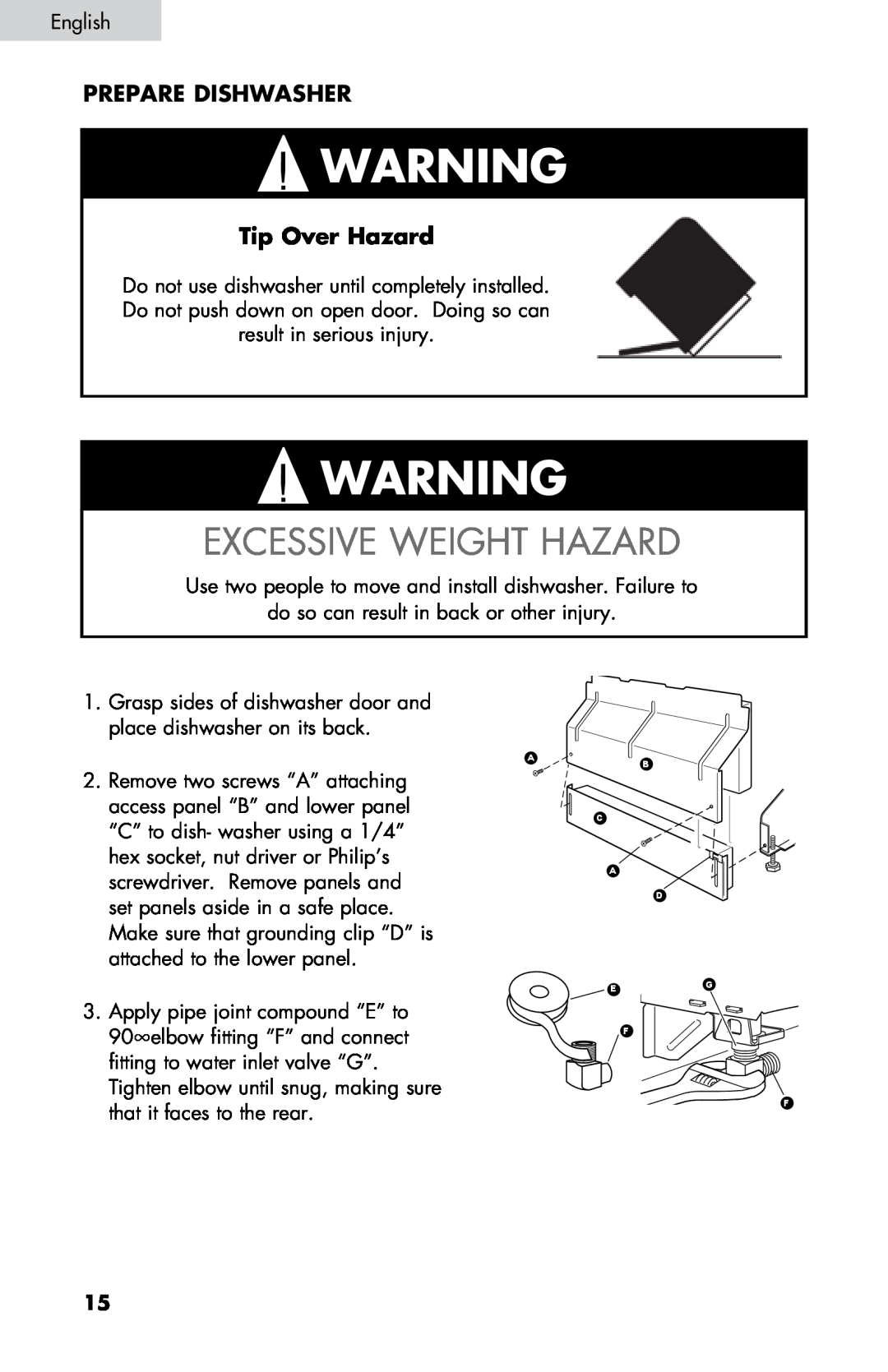 Haier DW-7777-01 manual Excessive Weight Hazard, Prepare dishwasher, Tip Over Hazard 