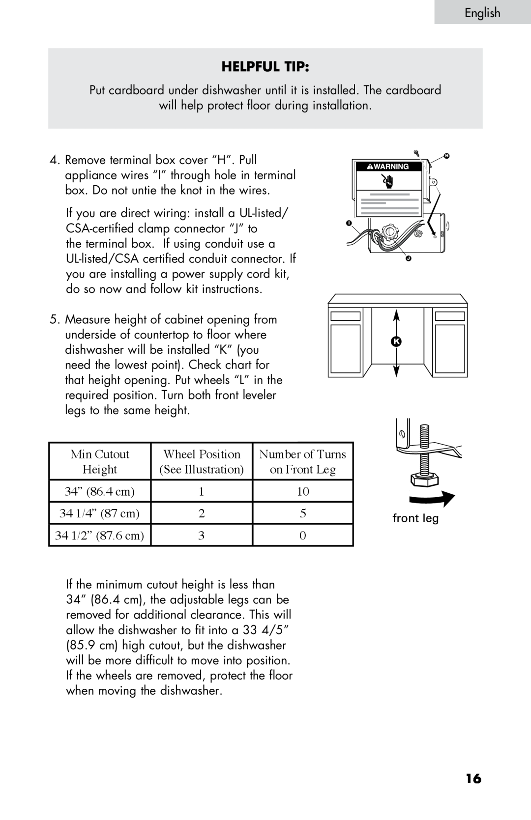 Haier DW-7777-01 manual 34” 86.4 cm, 34 1/4” 87 cm, 34 1/2” 87.6 cm, Min Cutout, Wheel Position, Number of Turns, Height 