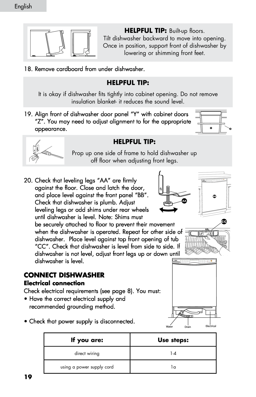 Haier DW-7777-01 manual Connect dishwasher, Electrical connection, Helpful Tip, If you are, Use steps 