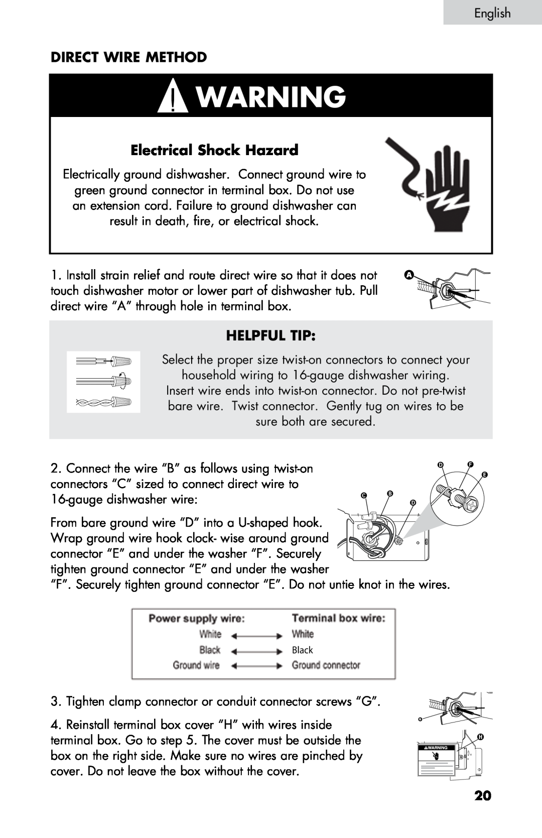 Haier DW-7777-01 manual Direct wire method, Electrical Shock Hazard, Helpful Tip, Black 