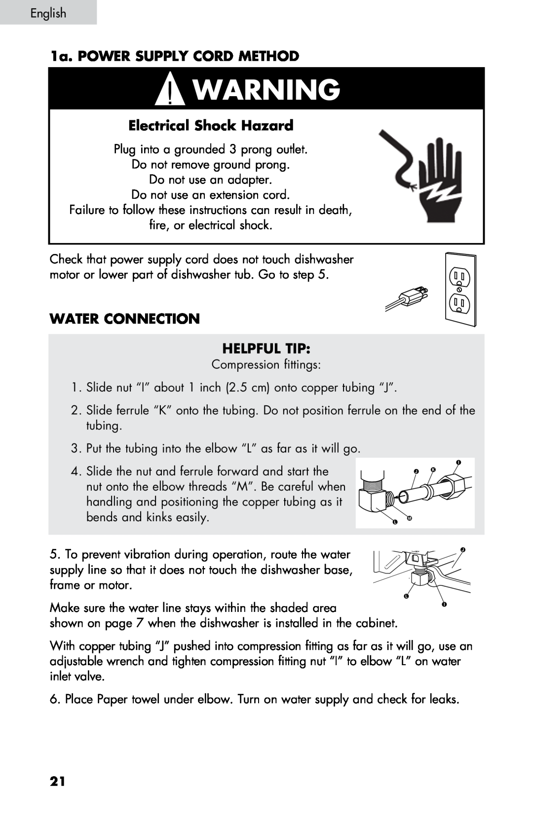 Haier DW-7777-01 manual 1a. Power supply cord method, Water Connection HELPFUL TIP, Electrical Shock Hazard 