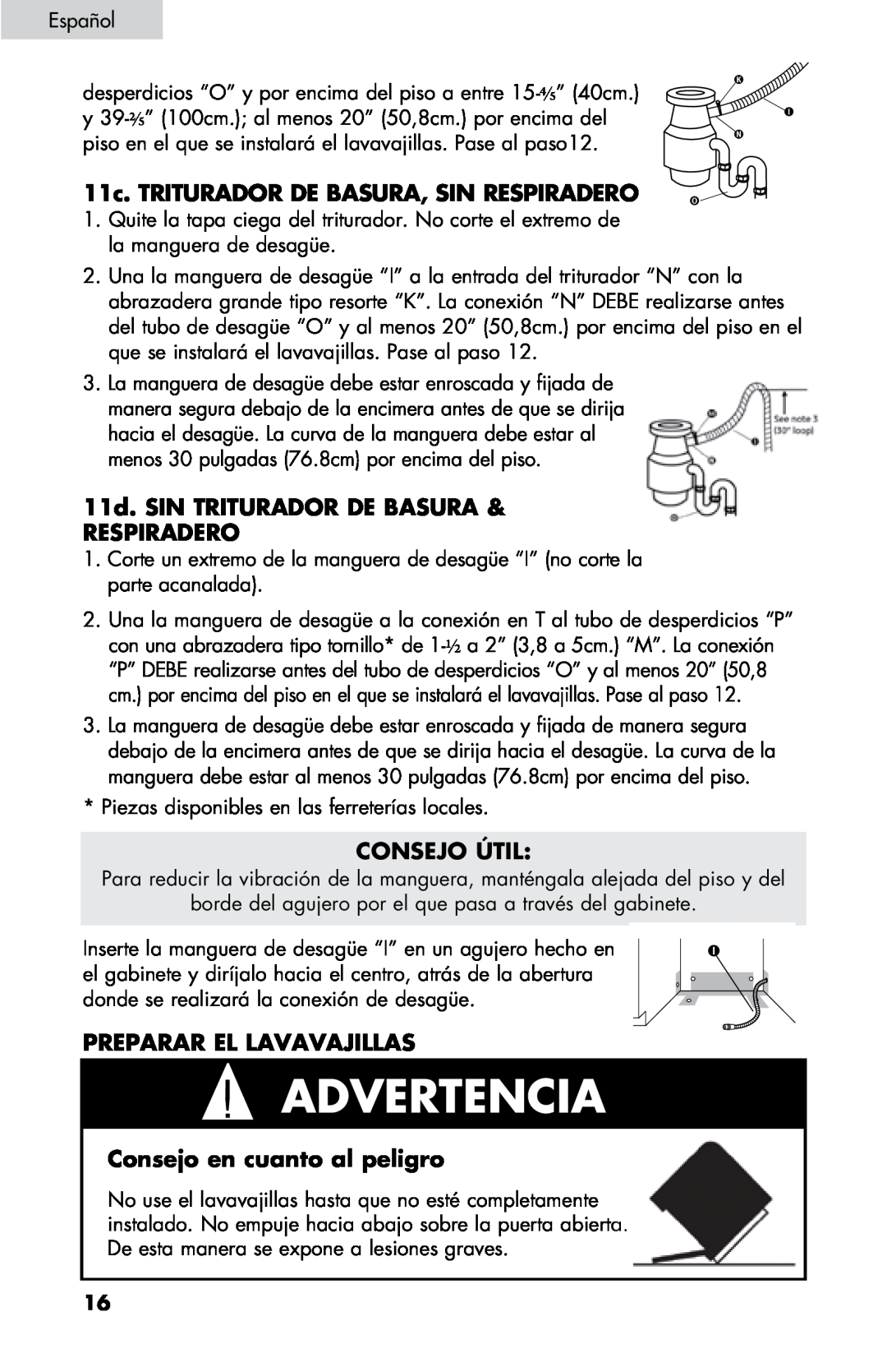 Haier DW-7777-01 11c. Triturador de basura, sin respiradero, 11d. Sin triturador de basura & respiradero, Advertencia 