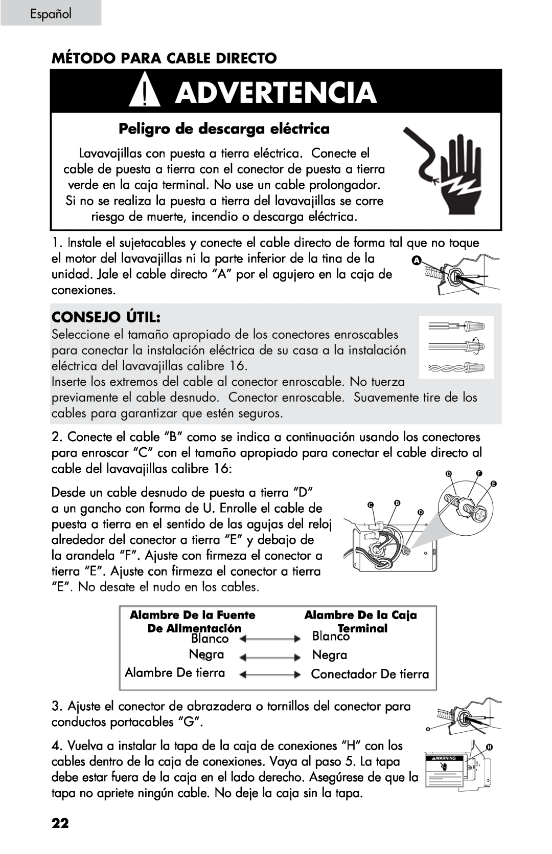 Haier DW-7777-01 manual Método para cable directo, Peligro de descarga eléctrica, Advertencia, Consejo Útil 