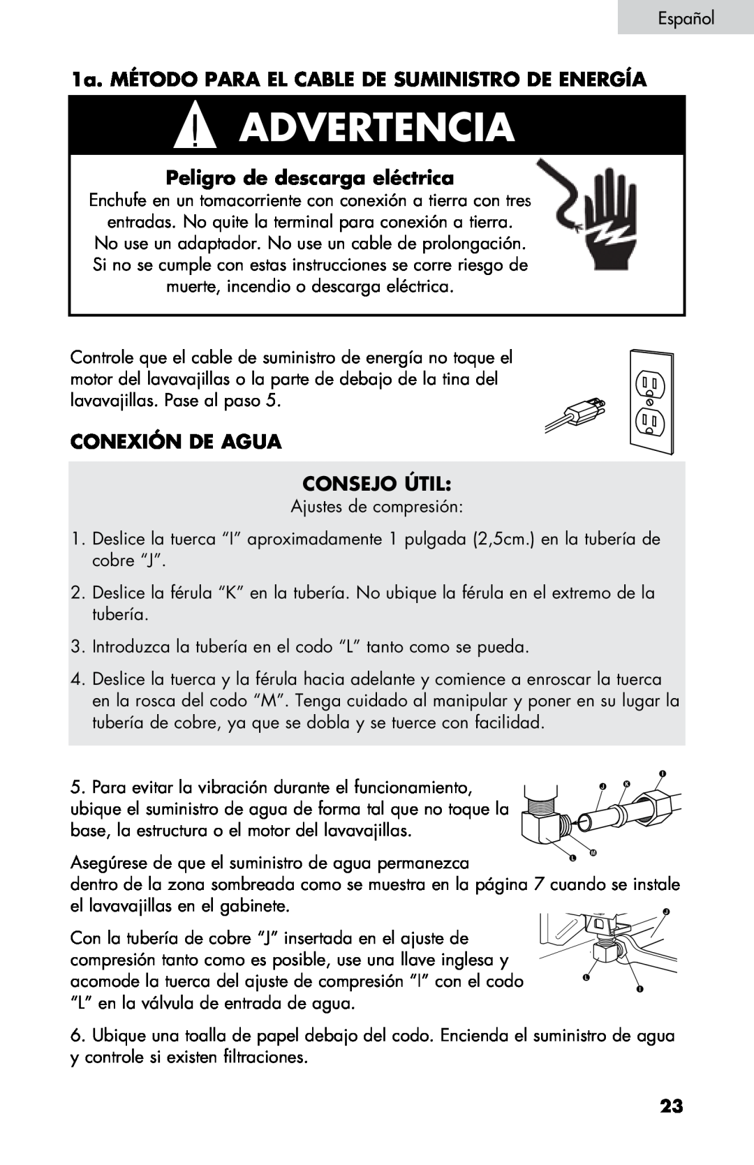 Haier DW-7777-01 manual 1a. Método para el cable de suministro de energía, Conexión de agua CONSEJO ÚTIL, Advertencia 