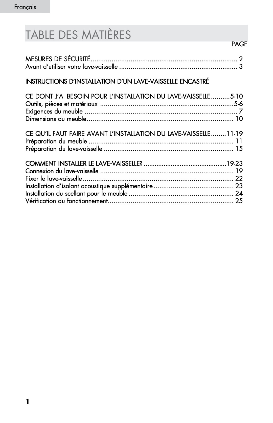 Haier DW-7777-01 manual Table Des Matières, Ce Dont J’Ai Besoin Pour L’Installation Du Lave-Vaisselle 