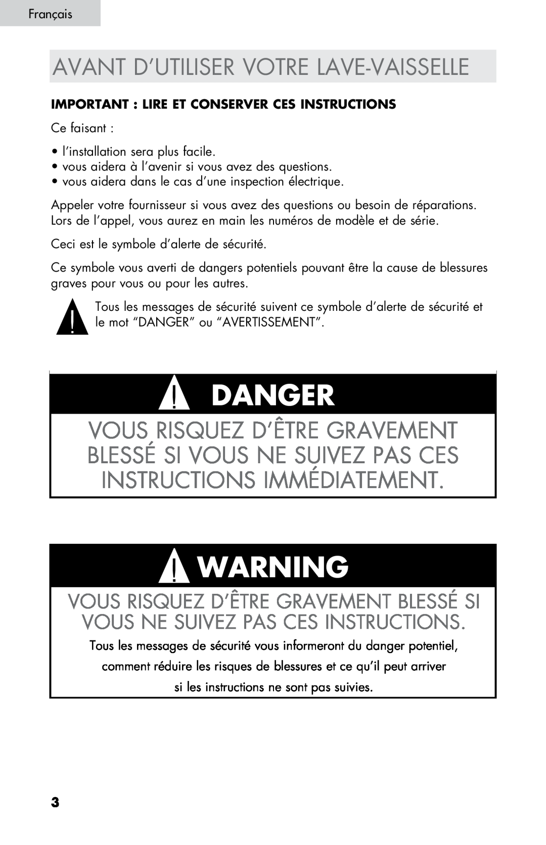 Haier DW-7777-01 manual Avant D’Utiliser Votre Lave-Vaisselle, Important : Lire Et Conserver Ces Instructions, Danger 