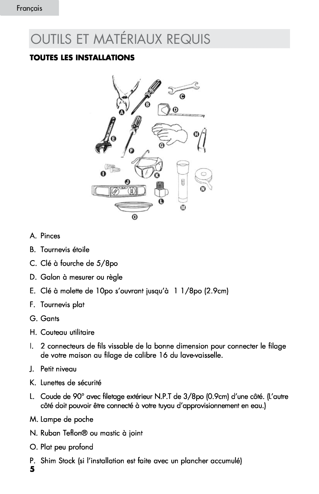 Haier DW-7777-01 manual Outils Et Matériaux Requis, FrançaisE glish, Toutes Les Installations 