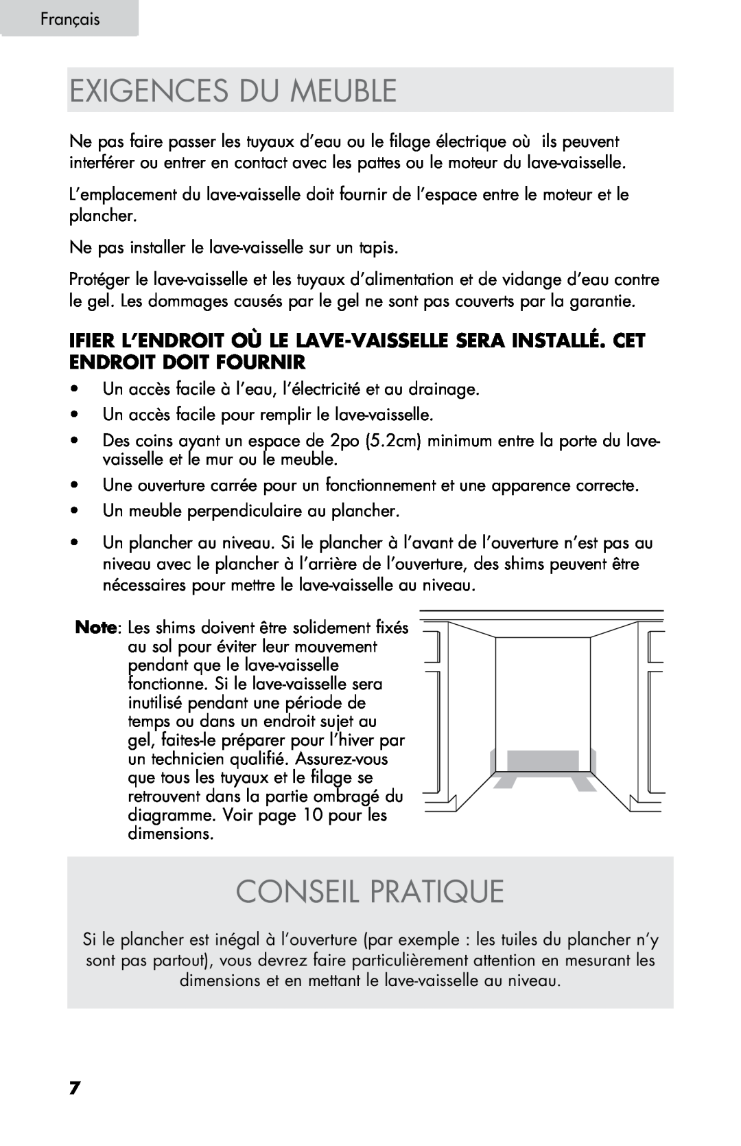Haier DW-7777-01 manual Exigences Du Meuble, Conseil Pratique, FrançaisE glish 