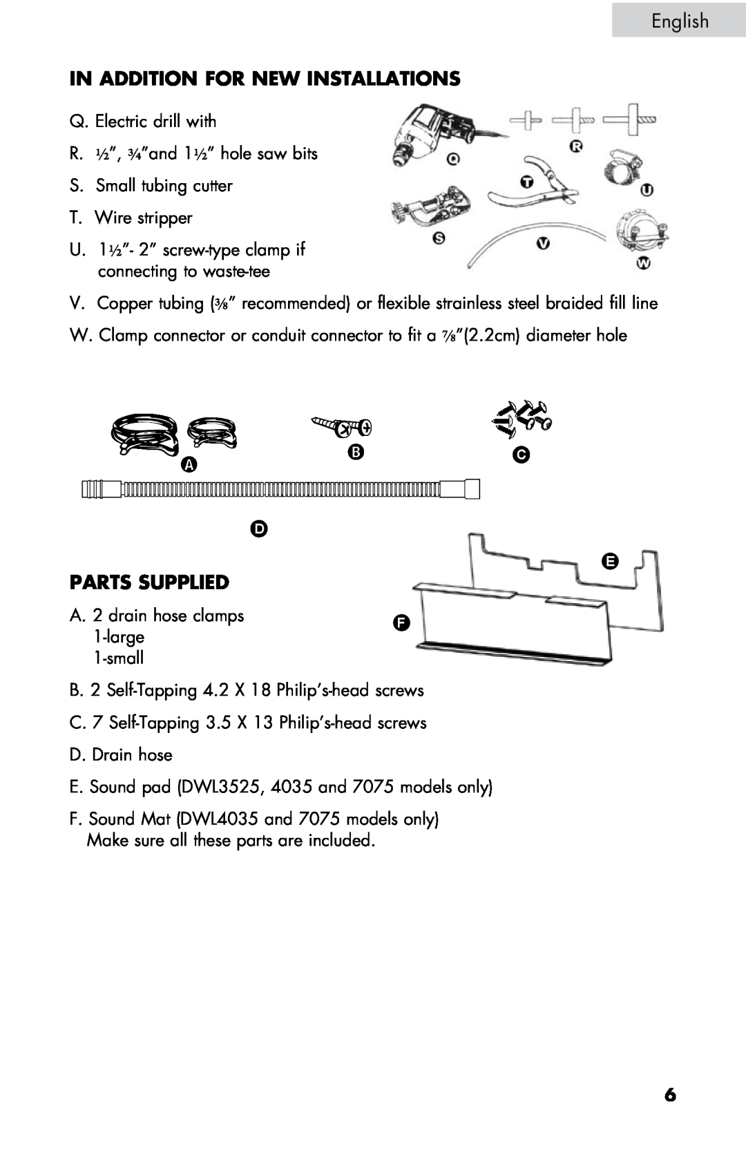 Haier DW-7777-01 Parts Supplied, In addition for new installations, Parts supplied, large, small, A. 2 drain hose clamps 