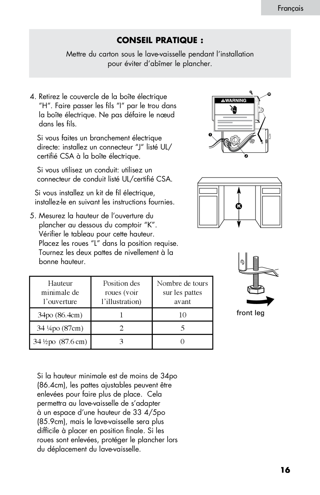 Haier DW-7777-01 manual minimale de, 34po 86.4cm, 34 ¼po 87cm, 34 ½po 87.6 cm, Conseil Pratique 