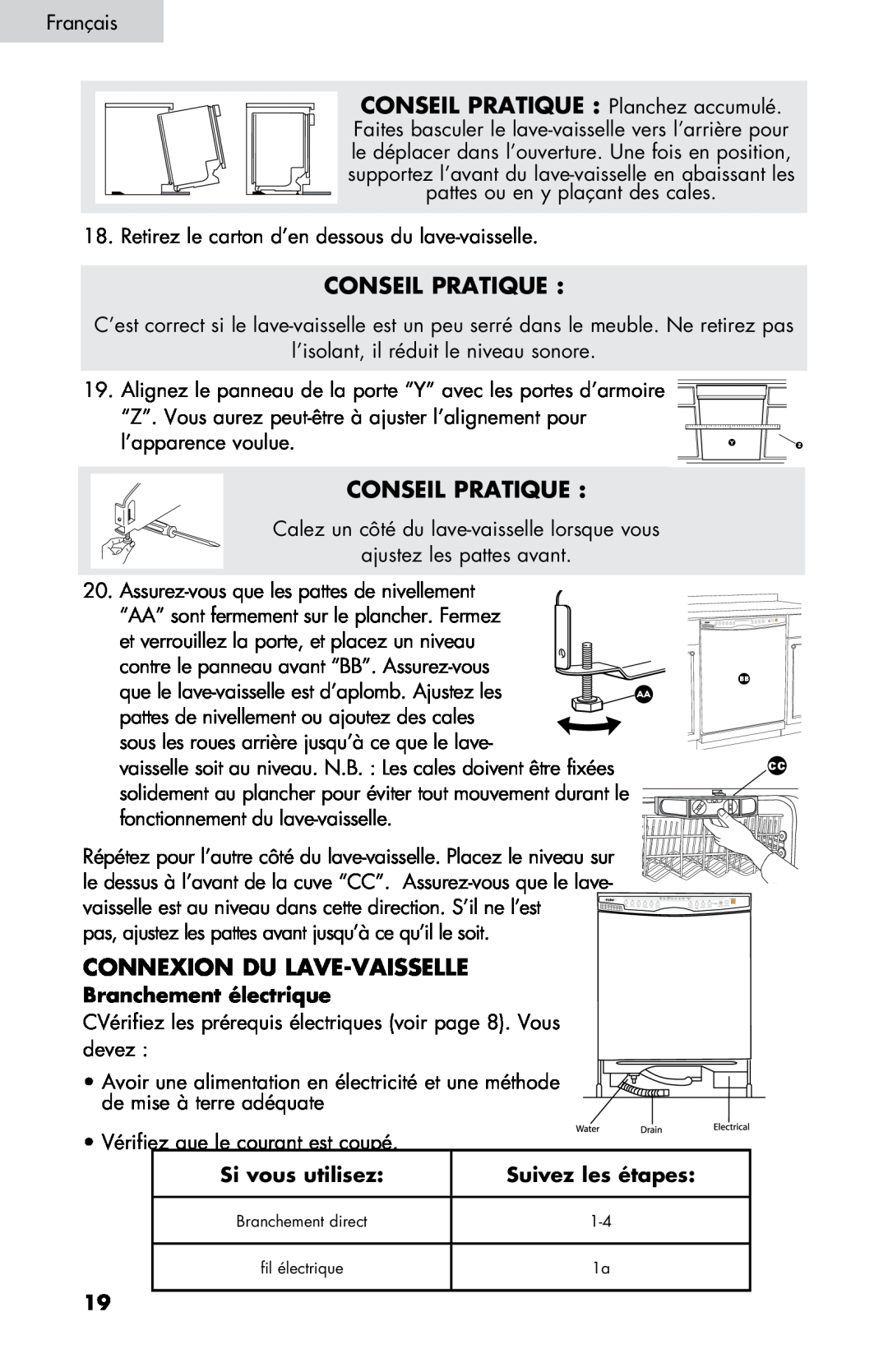 Haier DW-7777-01 manual Connexion Du Lave-Vaisselle, Branchement électrique, Si vous utilisez, Conseil Pratique 