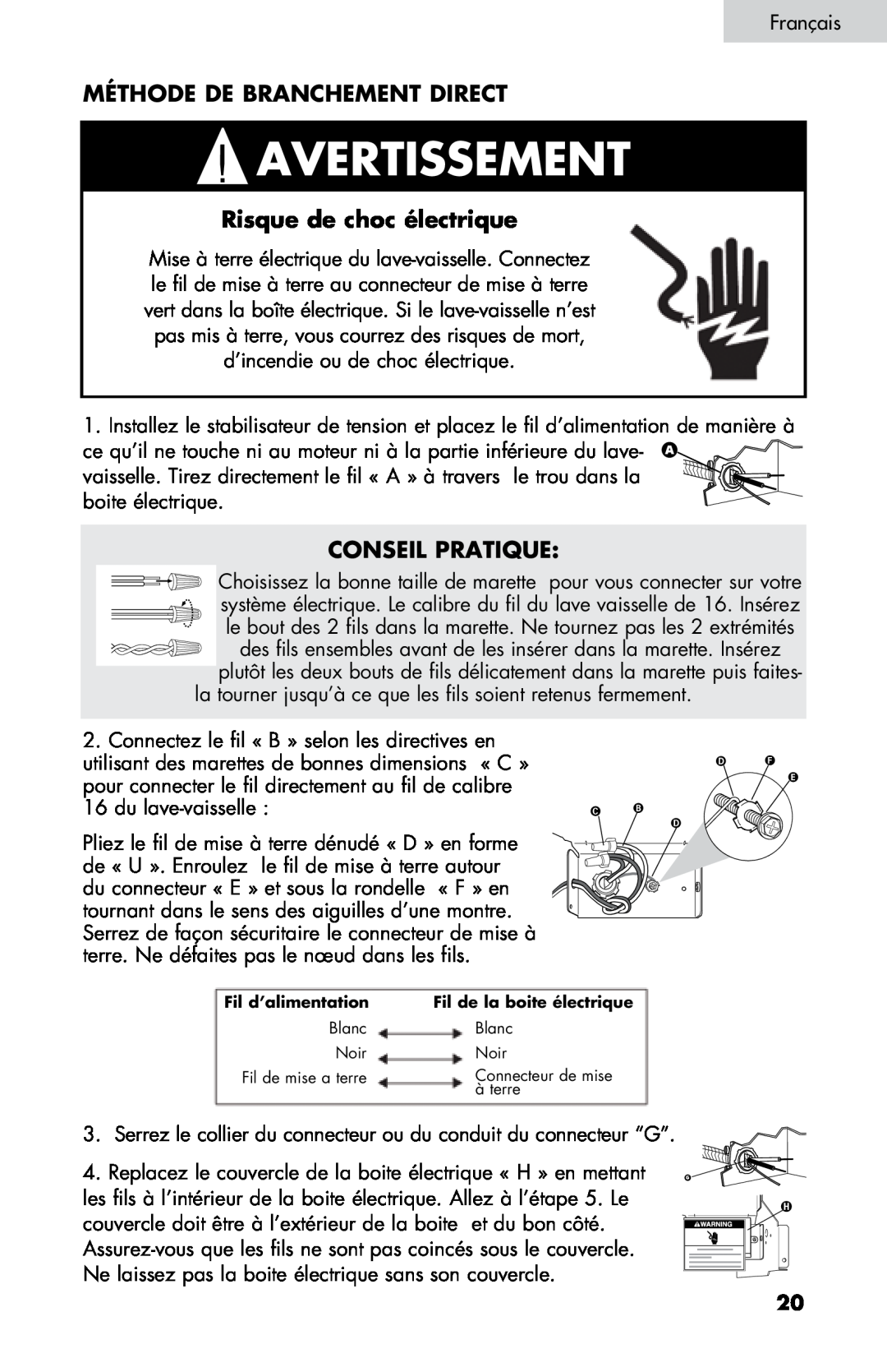 Haier DW-7777-01 manual Méthode De Branchement Direct, Risque de choc électrique, Avertissement, Conseil Pratique 