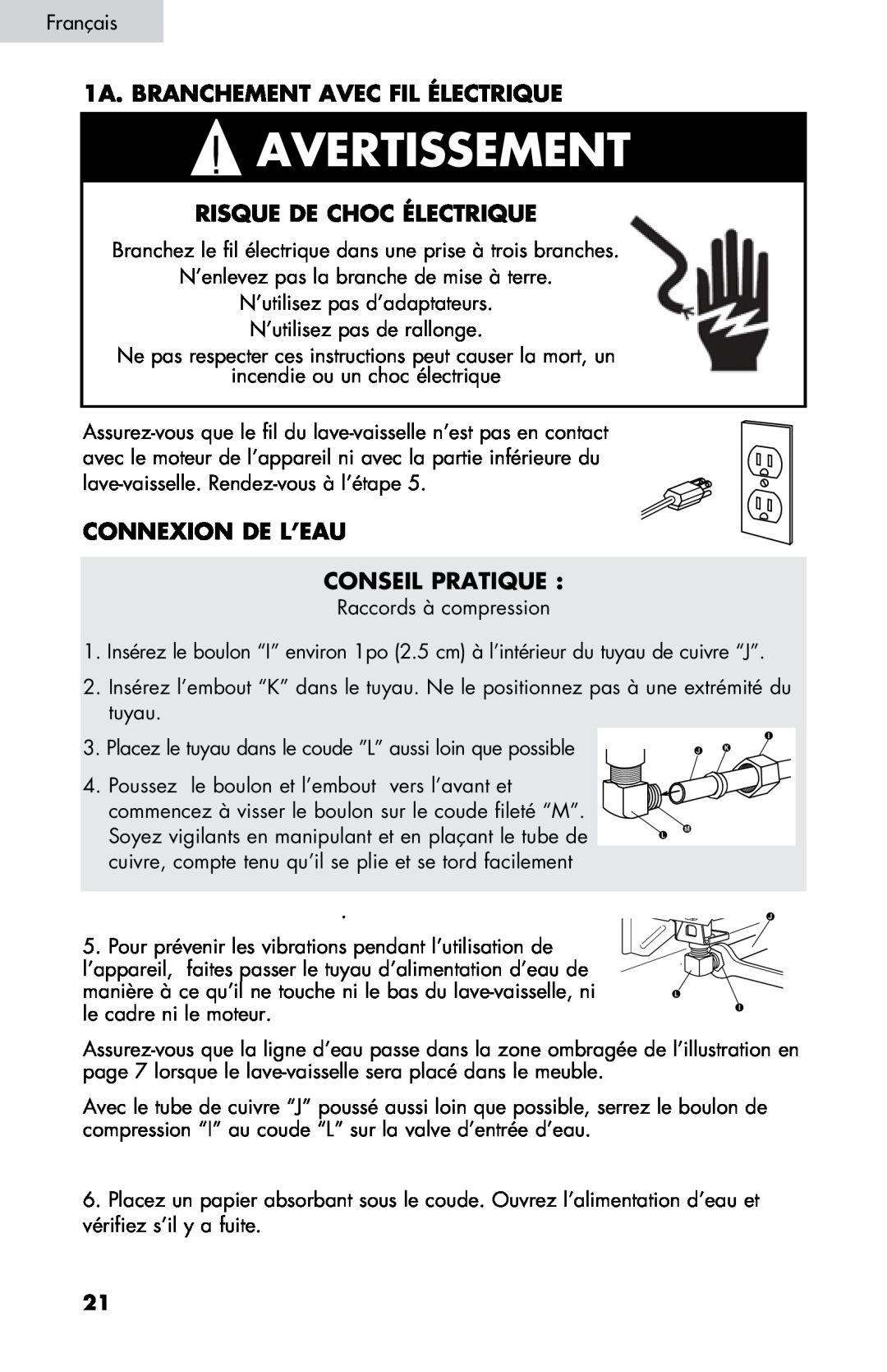 Haier DW-7777-01 manual 1a. BRANCHEMENT AVEC FIL ÉLECTRIQUE, Risque De Choc Électrique, Connexion De L’Eau Conseil Pratique 