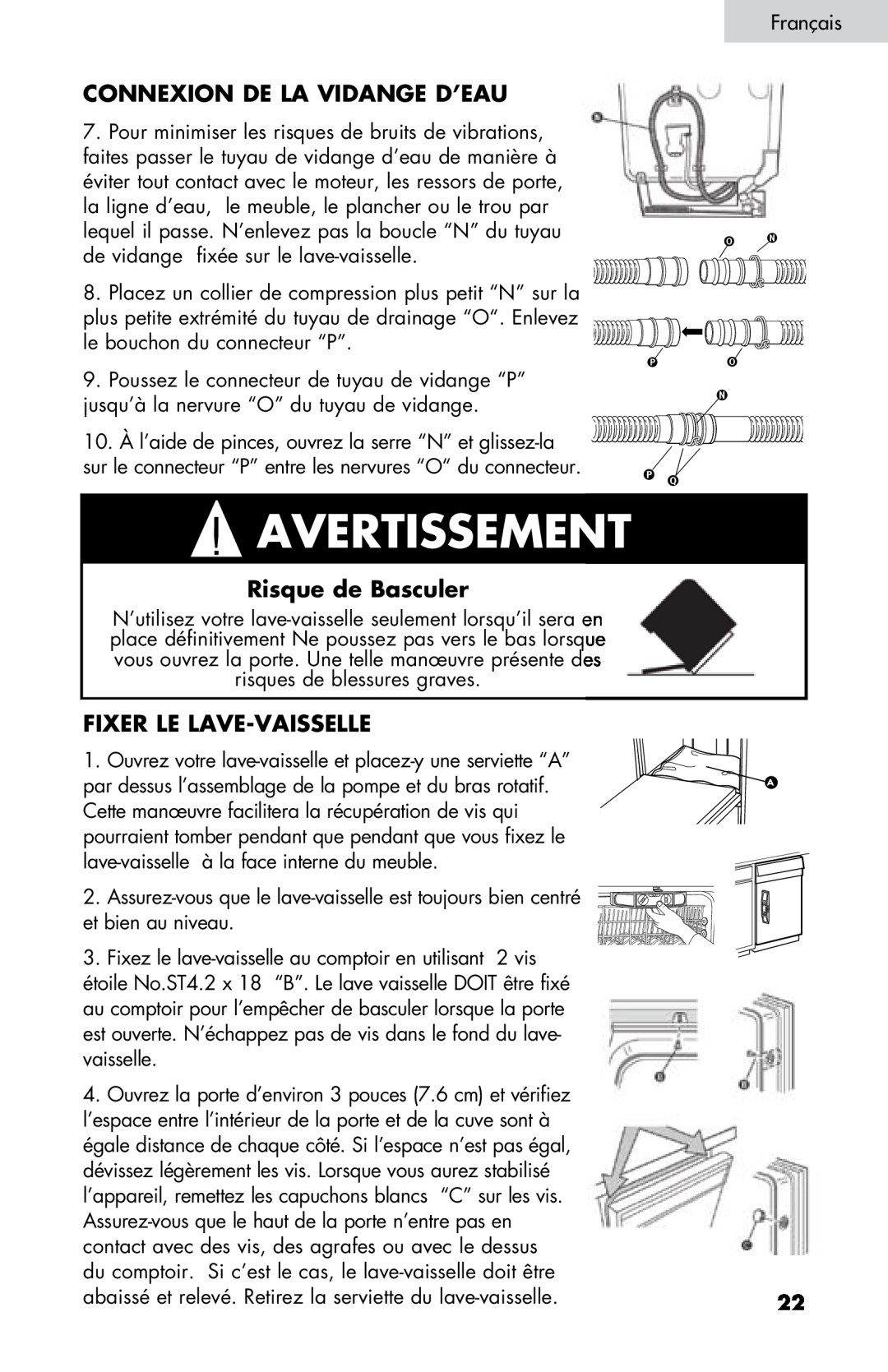 Haier DW-7777-01 manual Connexion De La Vidange D’Eau, Risque de Basculer, Fixer Le Lave-Vaisselle, Avertissement 