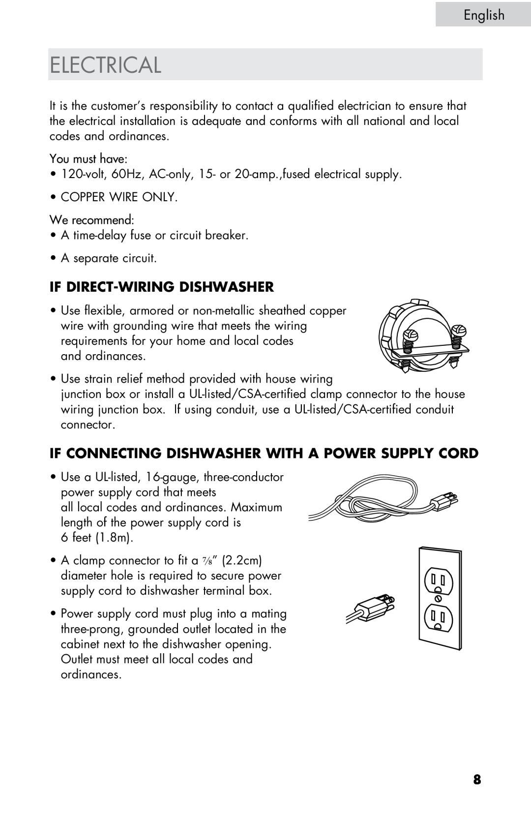 Haier DW-7777-01 manual Electrical, If direct-wiring dishwasher, If connecting dishwasher with a power supply cord, English 