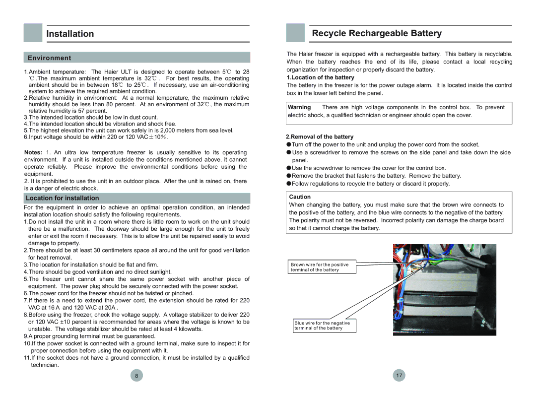 Haier DW-86L288, DW-86L628, DW-86W420 Installation, Recycle Rechargeable Battery, Environment, Location for installation 