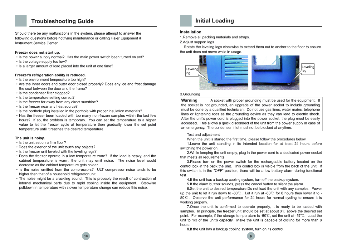 Haier DW-86L386, DW-86L628, DW-86W420, DW-86L388, DW-86L626, DW-86L288 Troubleshooting Guide, Initial Loading, Installation 