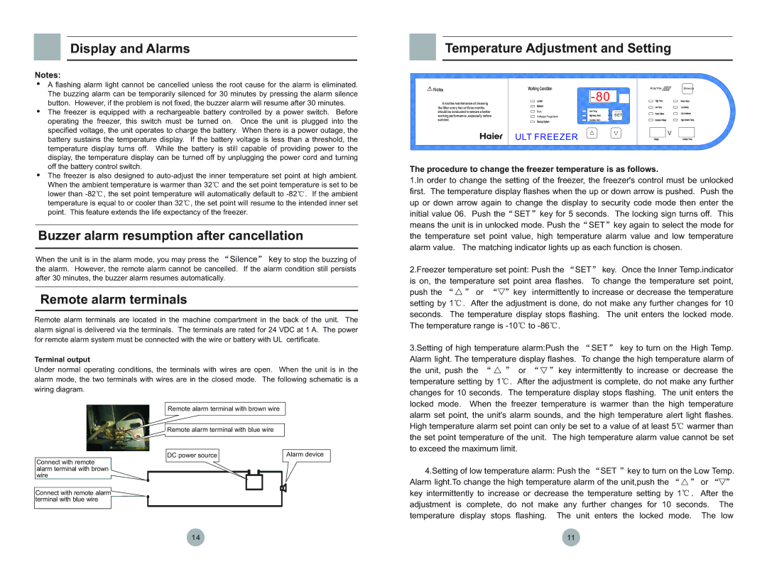 Haier DW-86W420, DW-86L628 Display and Alarms, Buzzer alarm resumption after cancellation, Remote alarm terminals 